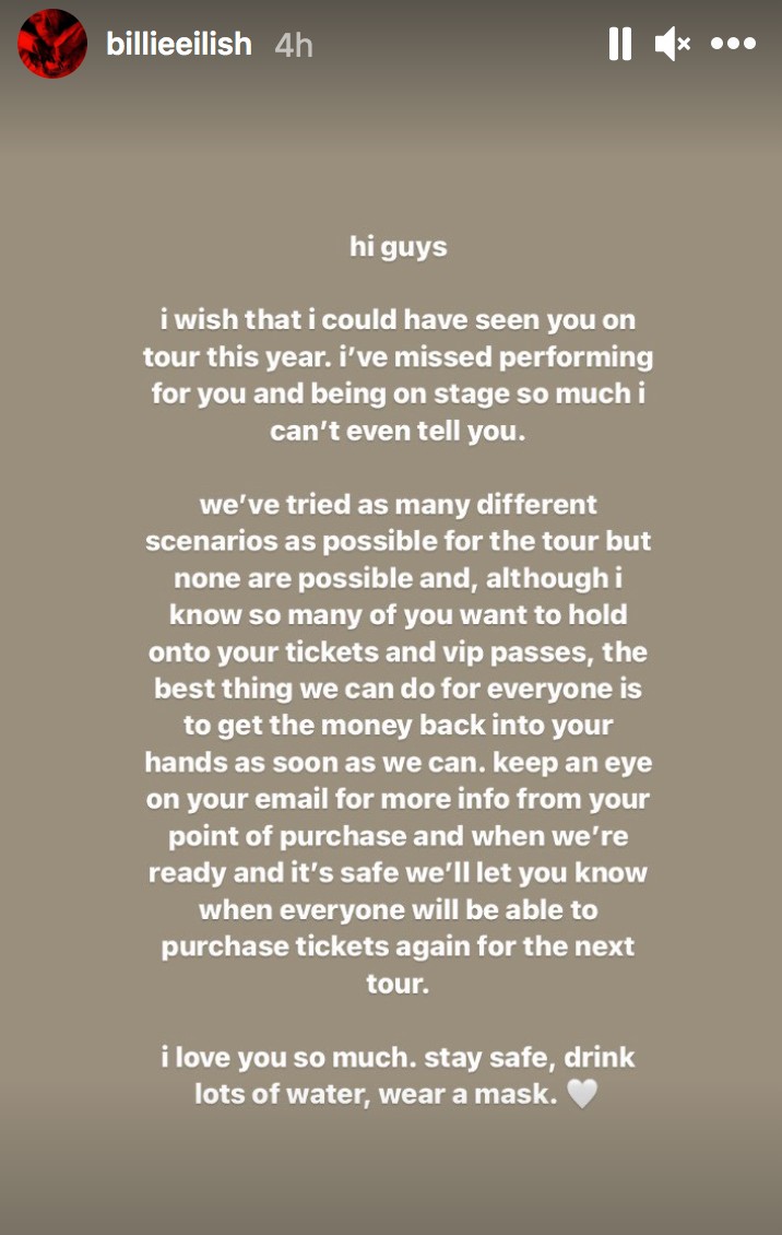 billie eilish tour cancel screenshot