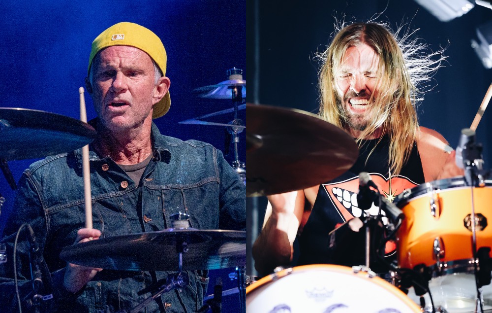 Chad Smith of Red Hot Chili Peppers (Jim Bennett/WireImage) + Taylor Hawkins of Foo Fighters (Rich Fury/Getty Images)