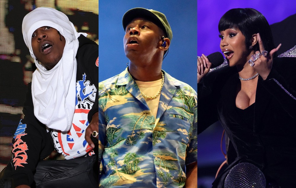 side-by-side images of A$AP Rocky, Tyler, The Creator and Cardi B performing live onstage