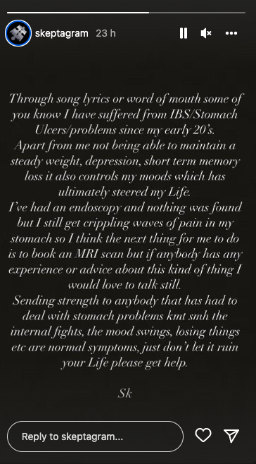 Skepta's statement about suffering from IBS