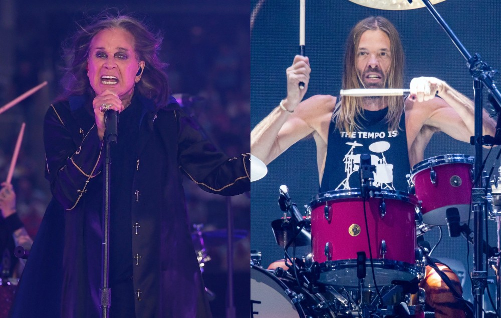 two side by side images of Ozzy Osbourne (left) and Taylor Hawkins (right) performing live on-stage