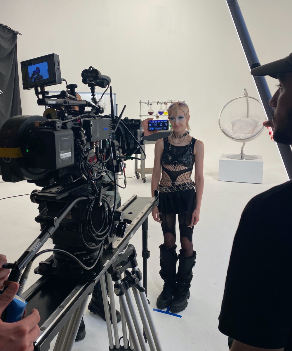 Behind-the-scenes image from Chloe Moriondo's 'Plastic Purse' video shoot