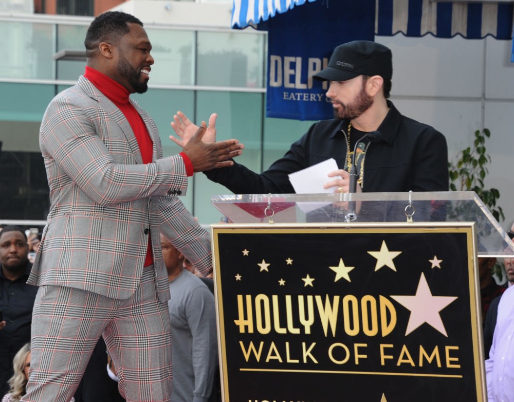 50 Cent and Eminem at the ceremony honouring Cent's star on the Hollywood Walk of Fame