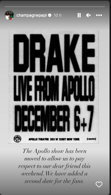 Drake announces postponement of New York theatre show so he can attend Takeoff's funeral 