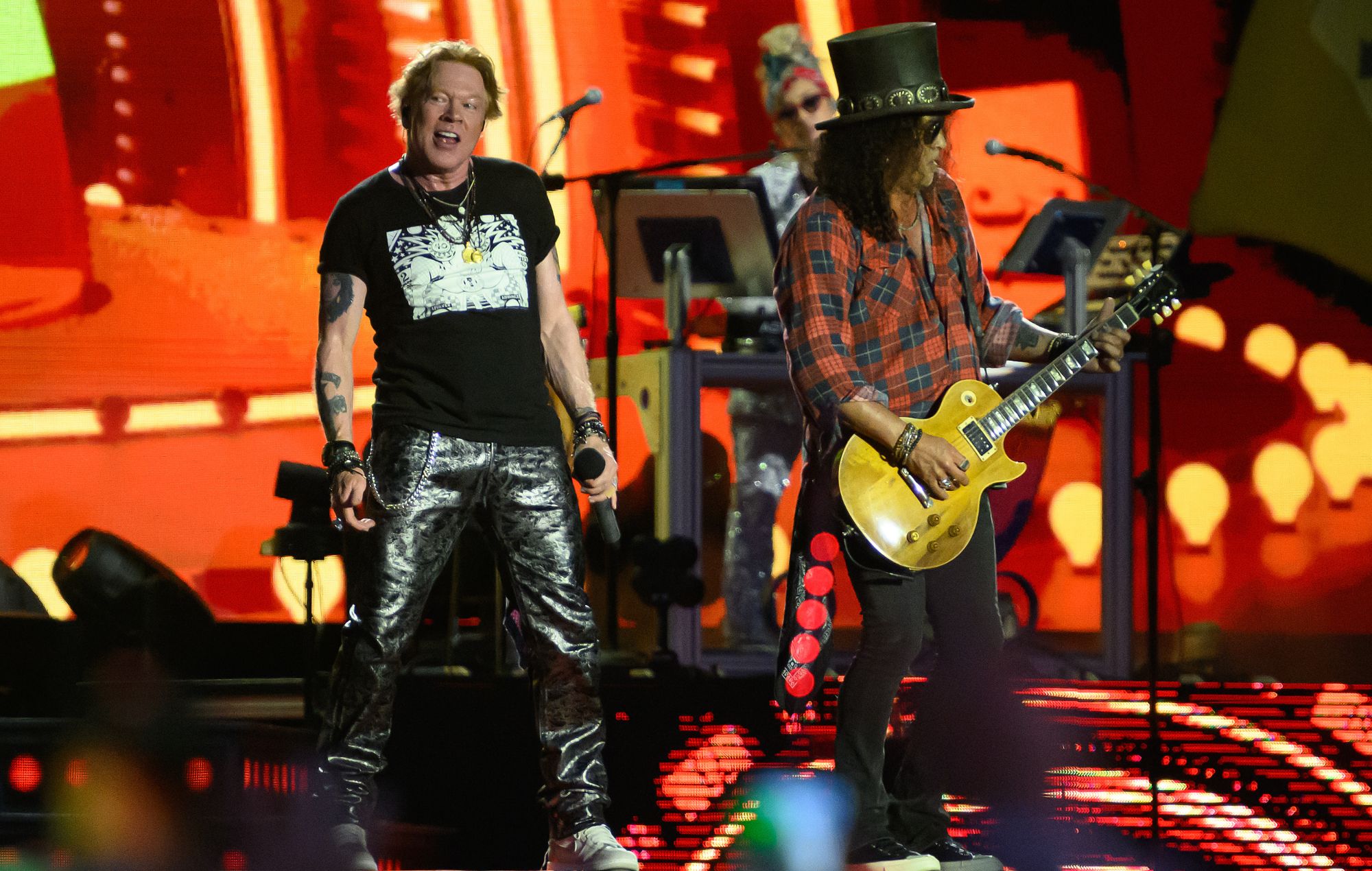 Axl Rose and Slash of Guns N' Roses perform on the Pyramid Stage on Day 4 of Glastonbury Festival 2023