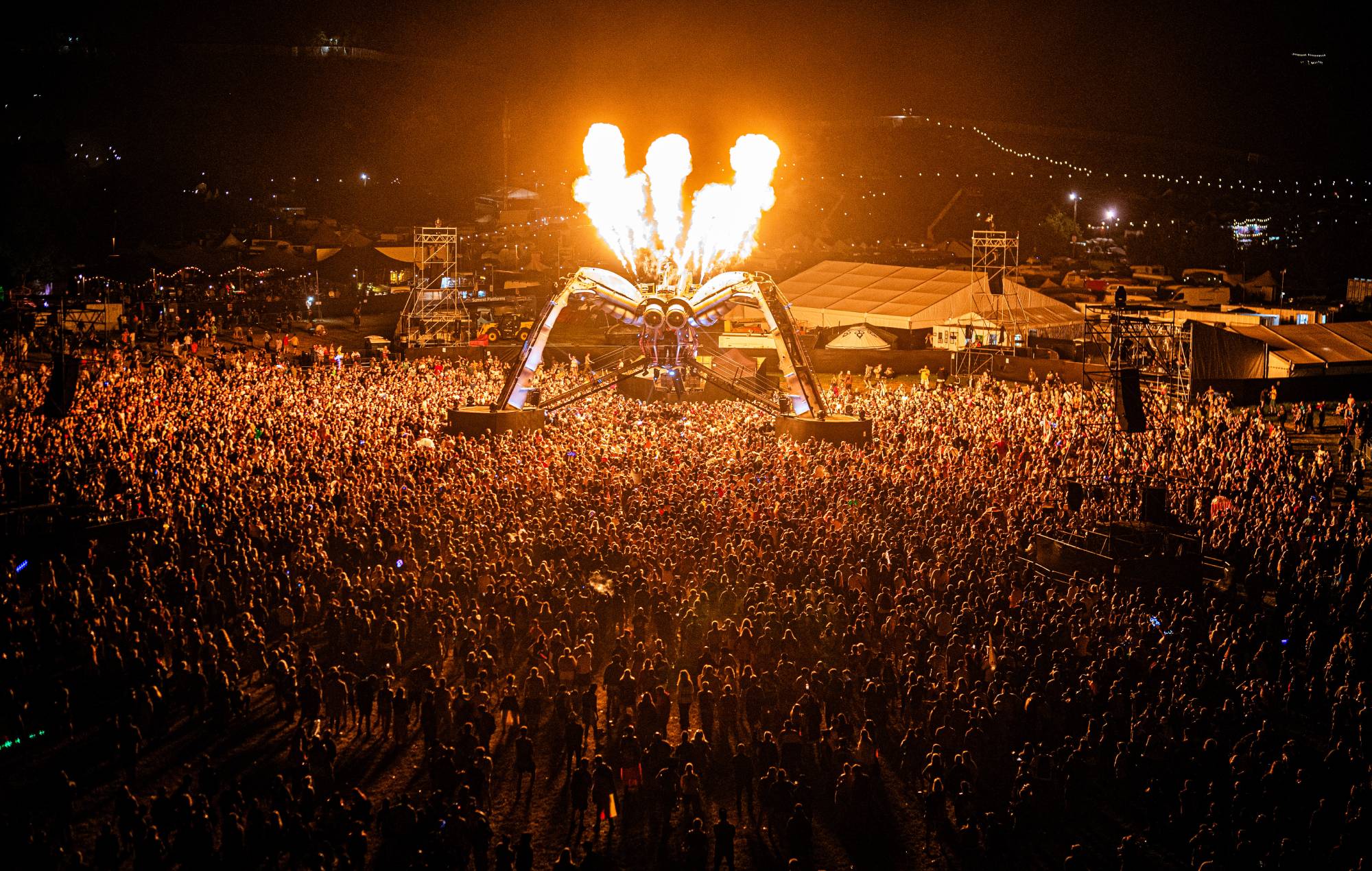 Chemical Brothers perform to huge crowds beneath the Arcadia spider in the very early morning at the Glastonbury Festival at Worthy Farm in Somerset. Picture date: Saturday June 24, 2023. (Photo by Ben Birchall/PA Images via Getty Images)