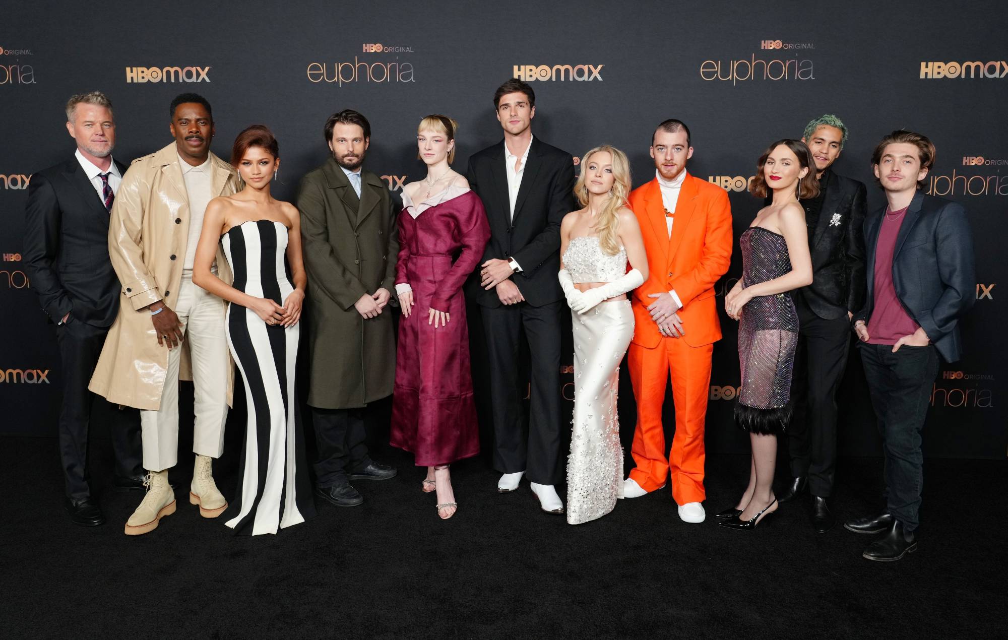 (L-R) Eric Dane, Colman Domingo, Zendaya, Sam Levinson, Hunter Schafer, Jacob Elordi, Sydney Sweeney, Angus Cloud, Maude Apatow, Dominic Fike and Austin Abrams