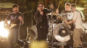 U2 performs during the halftime show at Super Bowl XXXVI in the Superdome, New Orleans, Louisiana, February 3, 2002. (Photo by Theo Wargo/WireImage)