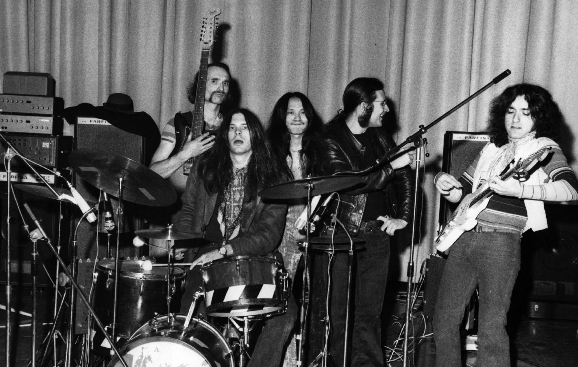 Can, from left to right; Holger Czukay, Michael Karoli, Damo Suzuki, Irmidt Schmidt and Jaki Leibzeit, during the 'Tago Mago' period. (Photo by Keystone/Getty Images)