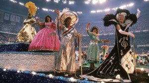 NEW ORLEANS - JANUARY 28: Mardi Gras style floats with women waving roll by during the pregame show before the San Francisco 49ers take on the Denver Broncos prior to Super Bowl XXIV at Louisiana Superdome on January 28, 1990 in New Orleans, Louisiana. The 49ers won 55-10. (Photo by George Rose/Getty Images)