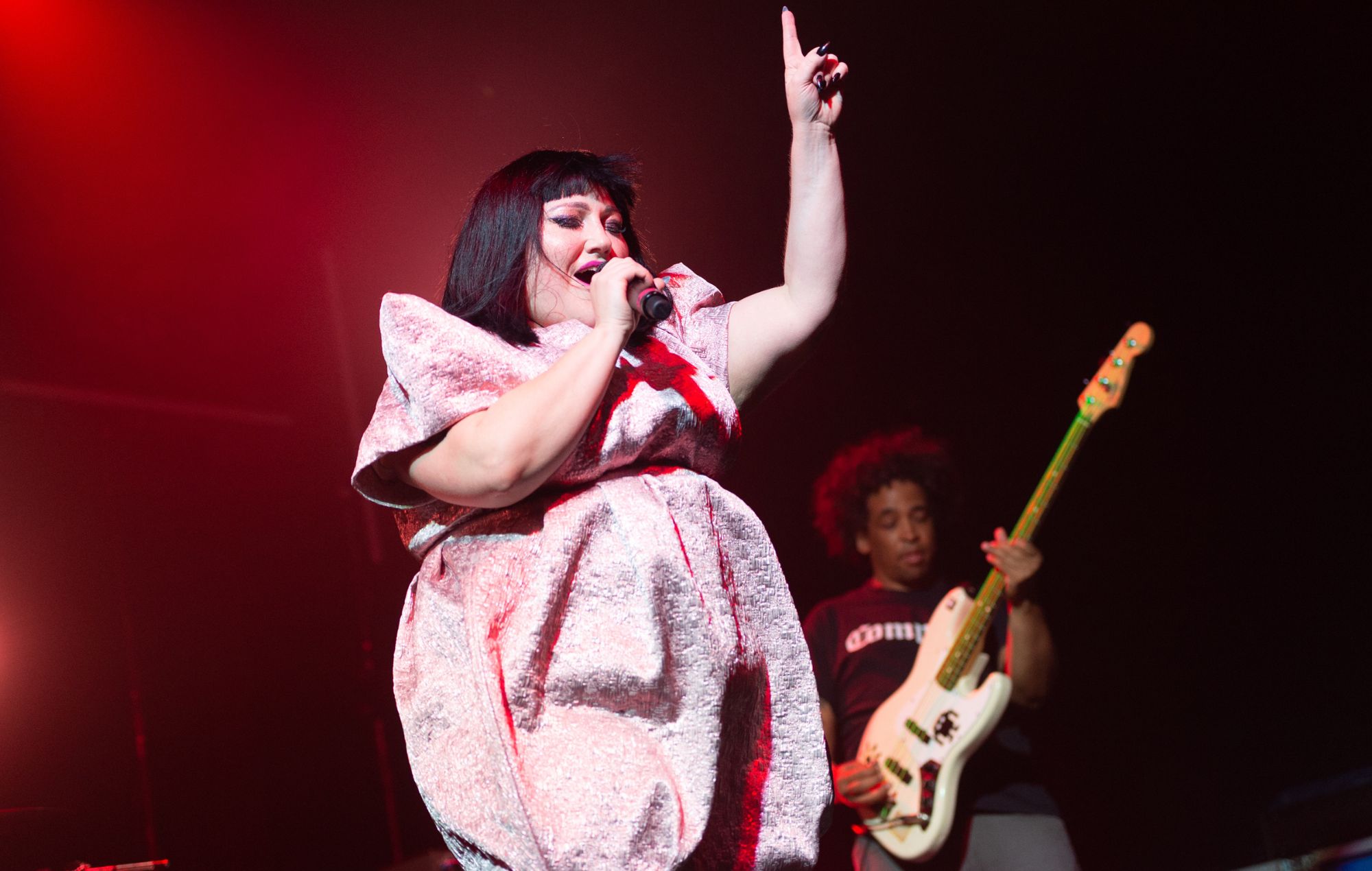 Beth Ditto and Christopher Sutton of Gossip perform on stage at SWG3 in Glasgow, Scotland.