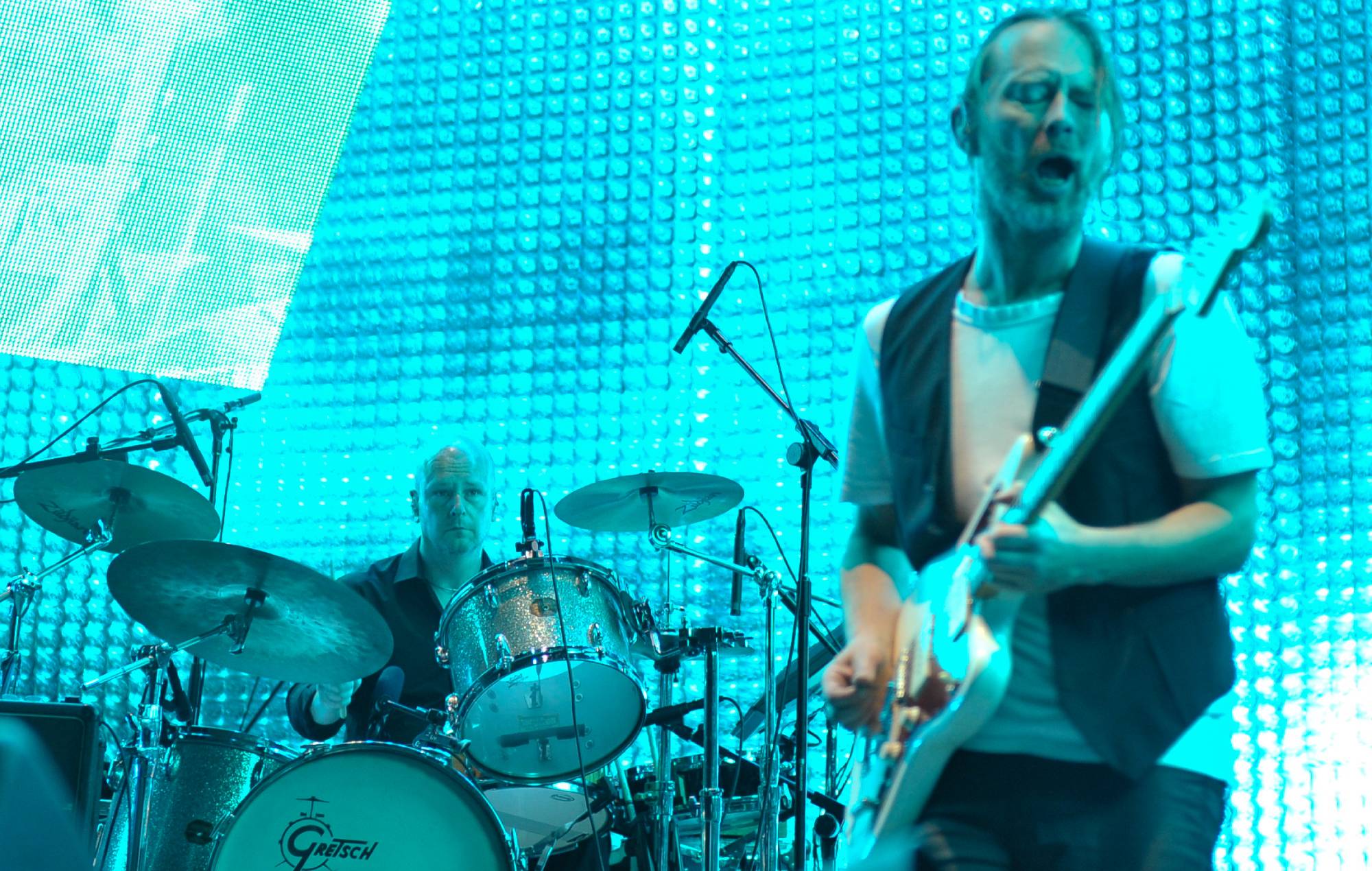 Philip Selway and Thom Yorke of Radiohead performing live on stage
