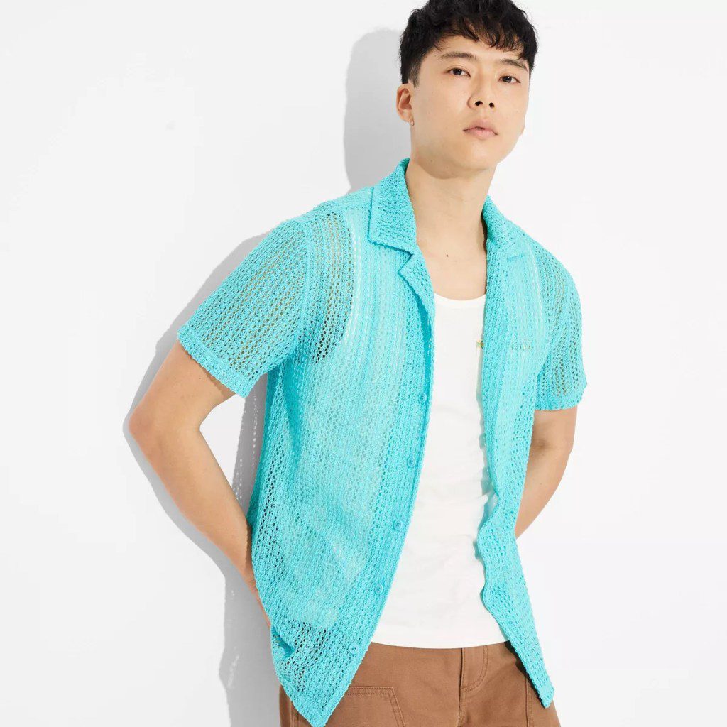 men's open knit button-up shirt