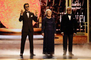 LOS ANGELES, CALIFORNIA - SEPTEMBER 15: (L-R) Antony Starr, Kathy Bates, and Giancarlo Esposito speak onstage during the 76th Primetime Emmy Awards at Peacock Theater on September 15, 2024 in Los Angeles, California. (Photo by Kevin Winter/Getty Images)