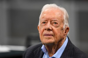 ATLANTA, GA - SEPTEMBER 30: Former president Jimmy Carter prior to the game between the Atlanta Falcons and the Cincinnati Bengals at Mercedes-Benz Stadium on September 30, 2018 in Atlanta, Georgia. (Photo by Scott Cunningham/Getty Images)