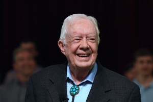 Former U.S. President Jimmy Carter speaks to the congregation at Maranatha Baptist Church before teaching Sunday school in his hometown of Plains, Georgia on April 28, 2019. Carter, 94, has taught Sunday school at the church on a regular basis since leaving the White House in 1981, drawing hundreds of visitors who arrive hours before the 10:00 am lesson in order to get a seat and have a photograph taken with the former President and former First Lady Rosalynn Carter.  (Photo by Paul Hennessy/NurPhoto via Getty Images)