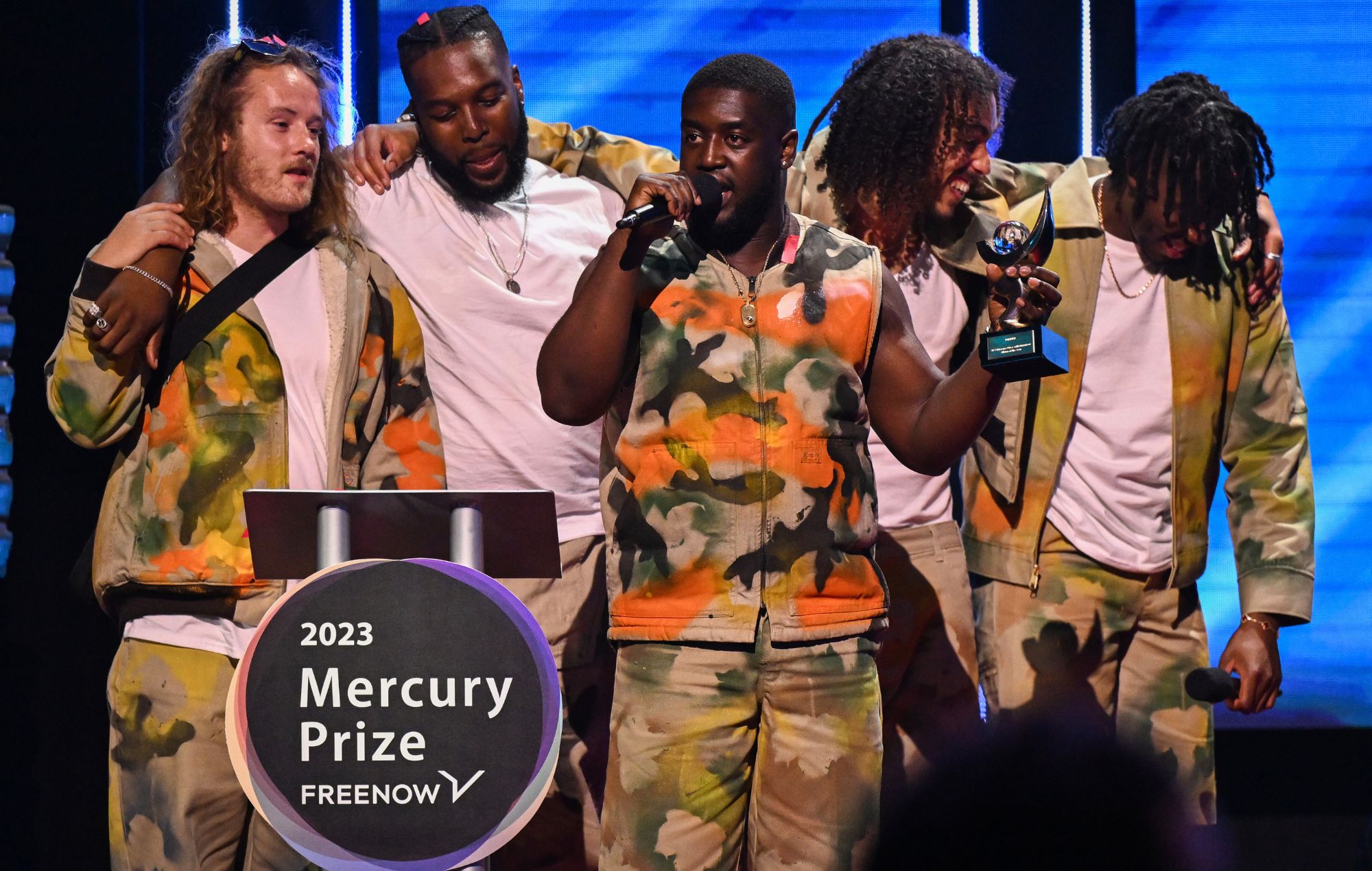 Members of Ezra Collective on stage after winning The Mercury Prize during The Mercury Prize 2023 awards