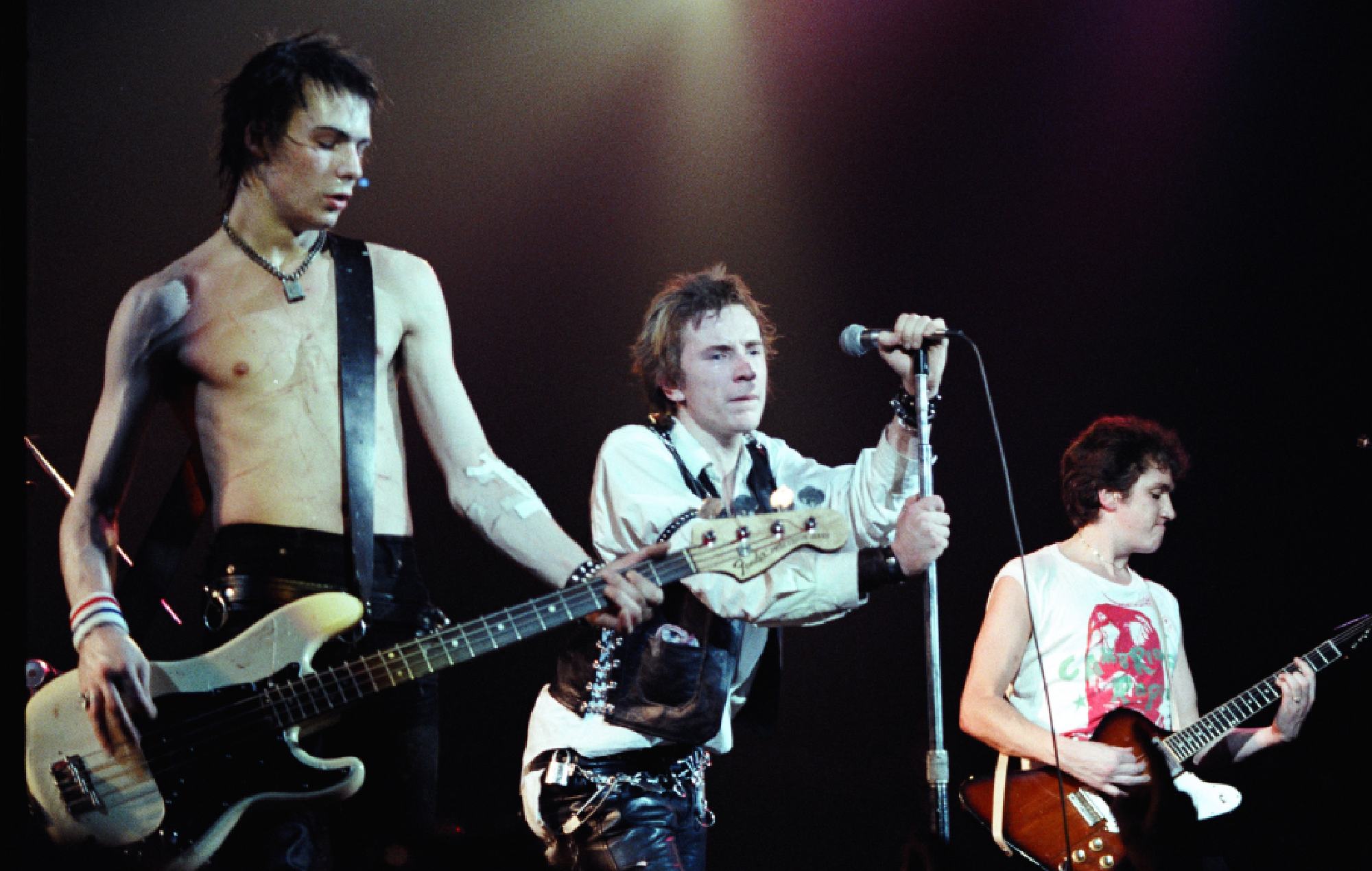 Sid Vicious, Johnny Rotten and Steve Jones of the Sex Pistols perform live at The Winterland Ballroom in 1978 in San Francisco, California