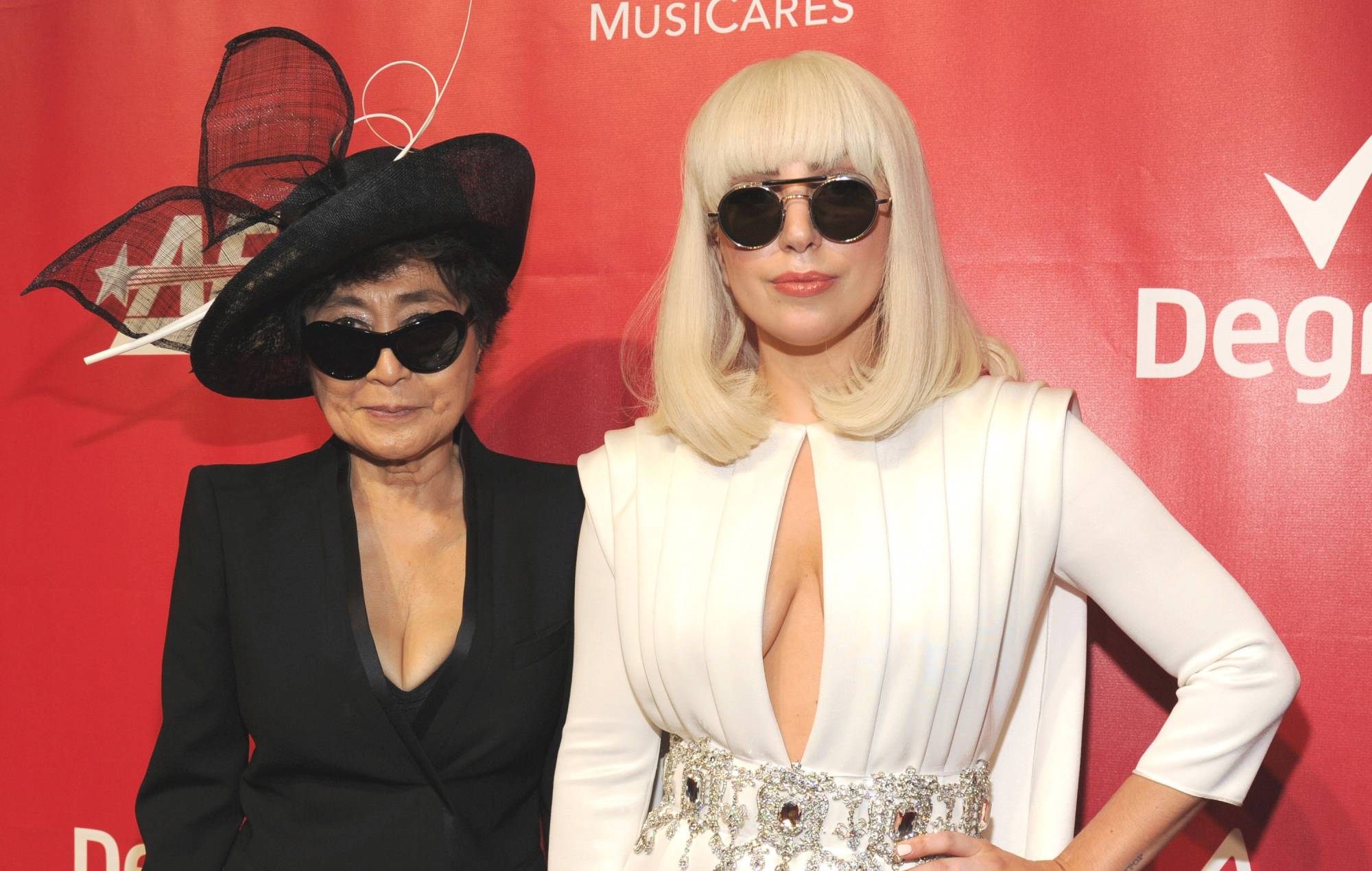 Yoko Ono and Lady Gaga attend 2014 MusiCares Person Of The Year Honoring Carole King at Los Angeles Convention Center on January 24, 2014 in Los Angeles, California. (Photo by Kevin Mazur/WireImage)