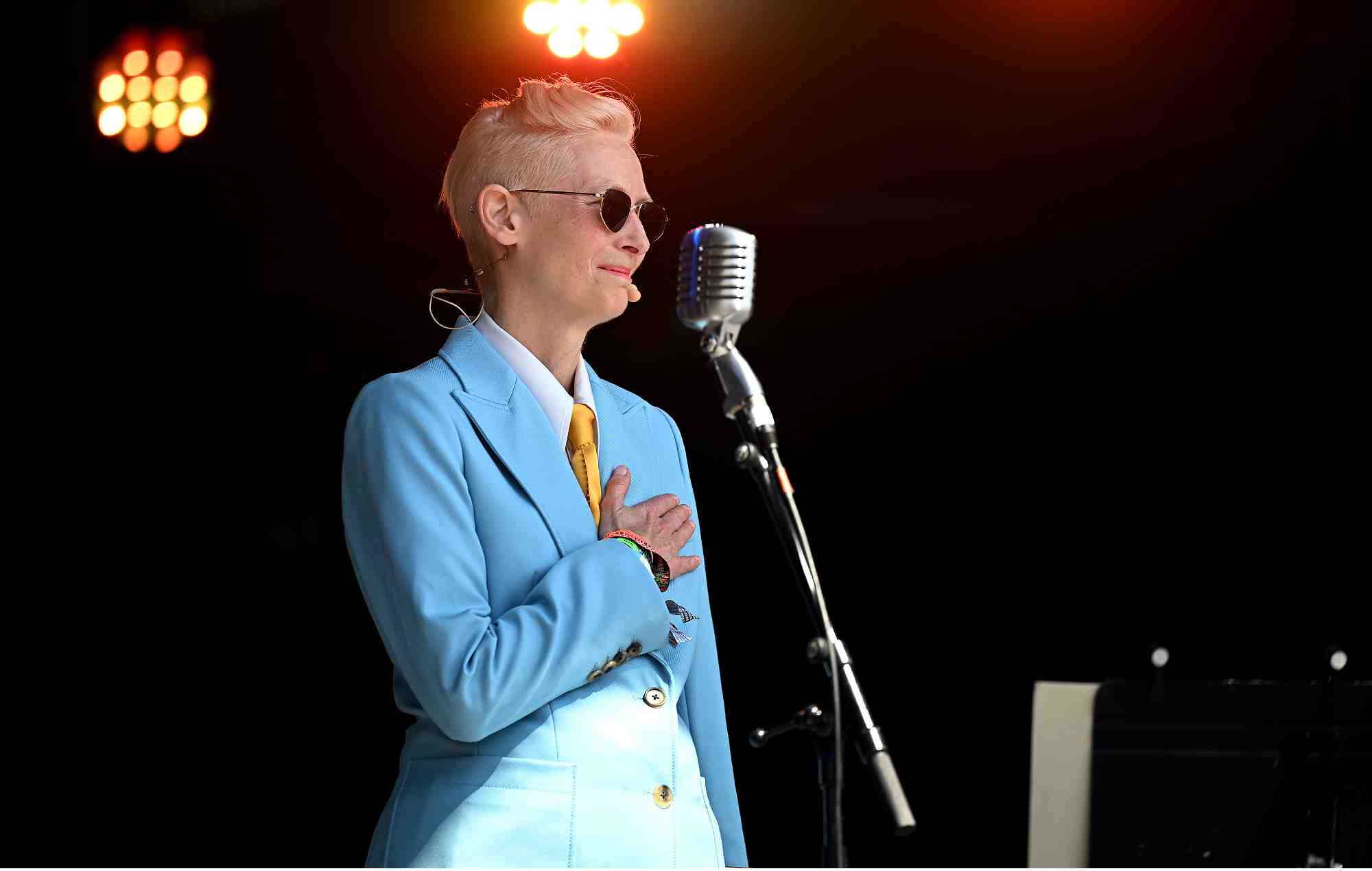 Tilda Swinton performs with Max Richter on the Park Stage on Day 4 of Glastonbury Festival 2023 on June 24, 2023 in Glastonbury, United Kingdom. (Photo by Leon Neal/Getty Images)